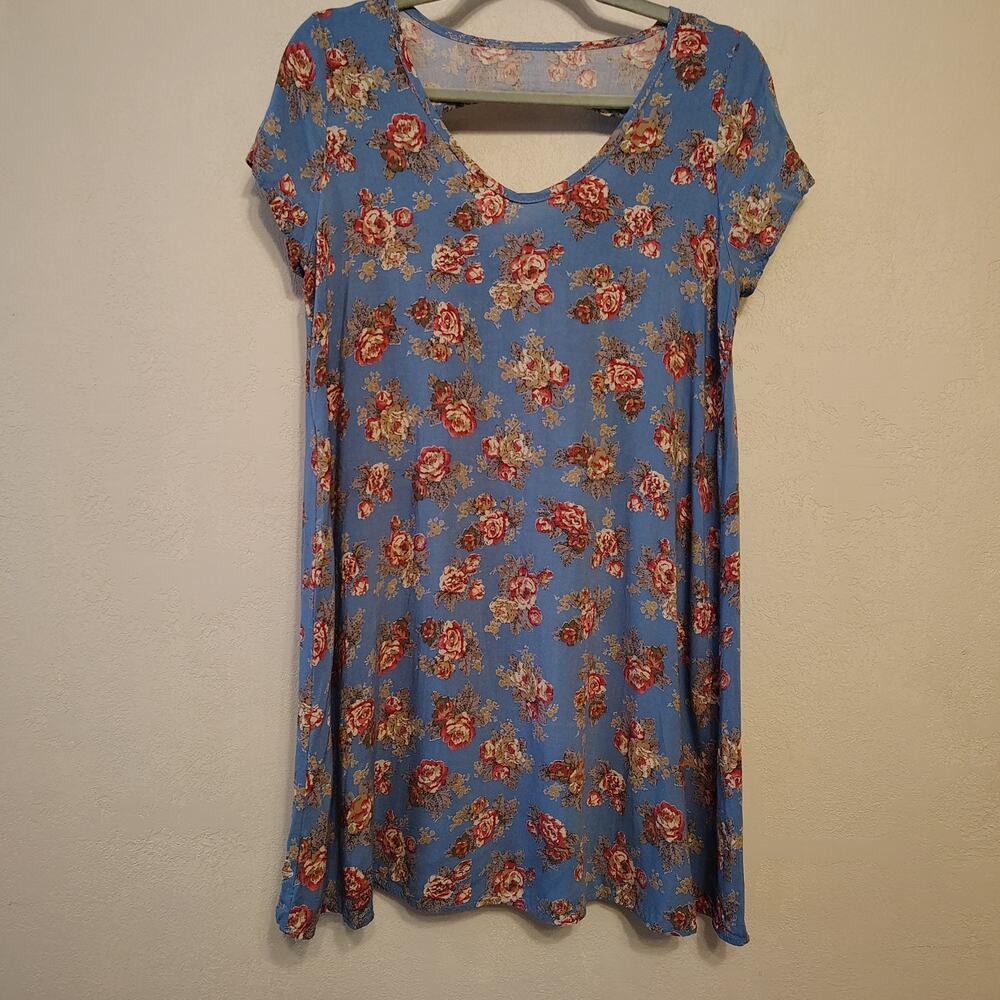 Mittoshop Blue Floral Swing Tunic Top Open Back Boho Cottagecore Medium